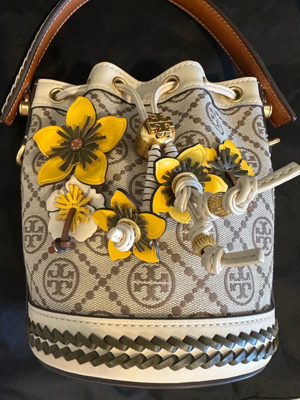 Tory Burch T Monogram Braided Floral Mini Bucket Bag - Picture 12 of 16
